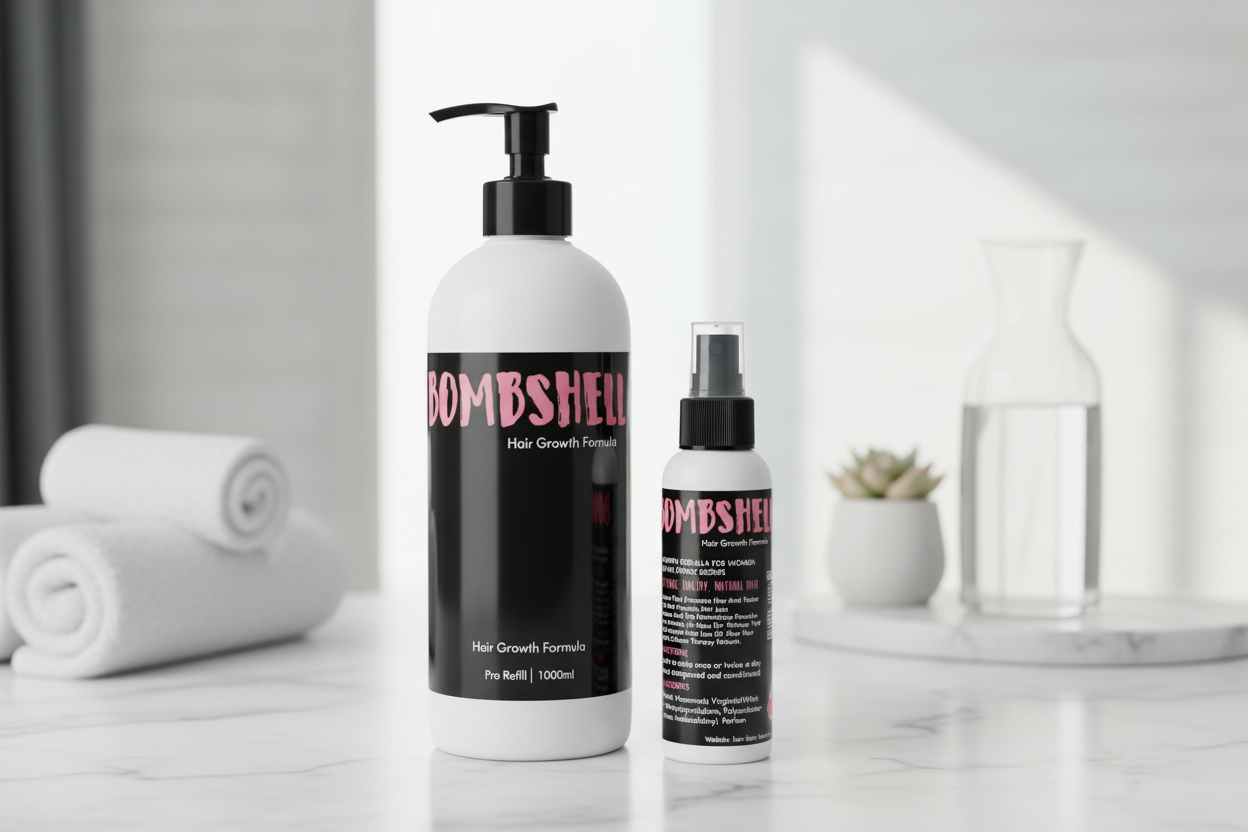 Bombshell Pro Refill 1000ml and 125ml size comparison in bathroom setting