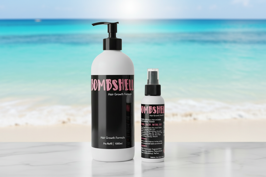 Bombshell Pro Refill 2-in-1 Shampoo and Conditioner 1000ml and 200ml bottles with ocean background